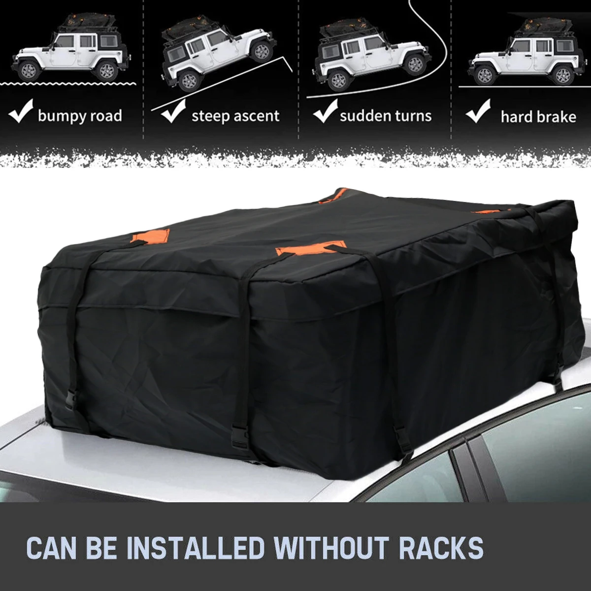 Wubxbvvx Black Heavy Duty RoofBag Waterproof Car Cargo Roof Bag 420D Oxford Cloth Rooftop Cargo Carrier 
