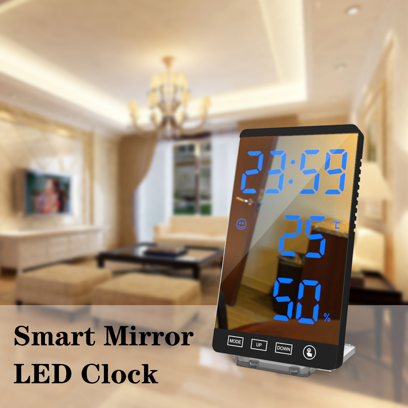 6 Inch LED Mirror Alarm Clock Touch Button Wall Digital Clock Time Temperature Humidity Display USB Output Port Table Clock