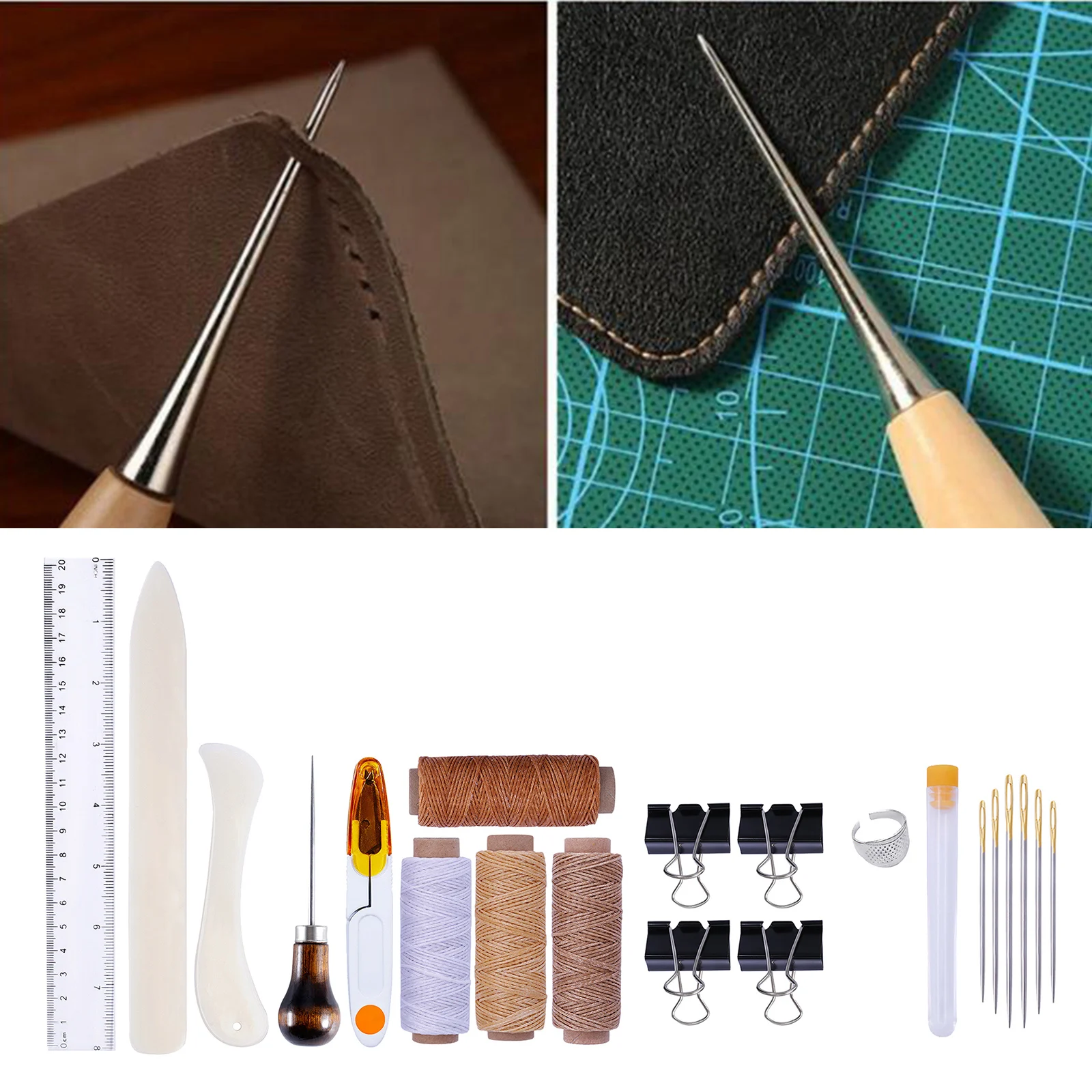 Leather Crafting Tools, Leather Craft Needles, Waxed Threads, Ruler, Awl, Thimble Set Hand Stitching Tool