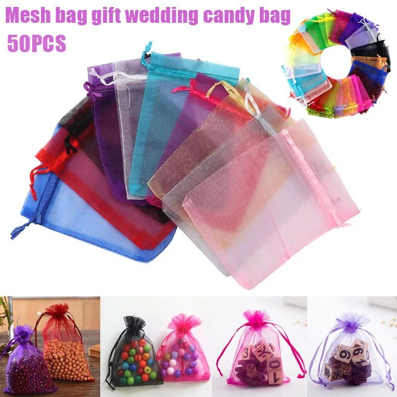 50pcs Candy Bags Transparent Mesh Organza Gift Drawstring Bags for Wedding Gift 