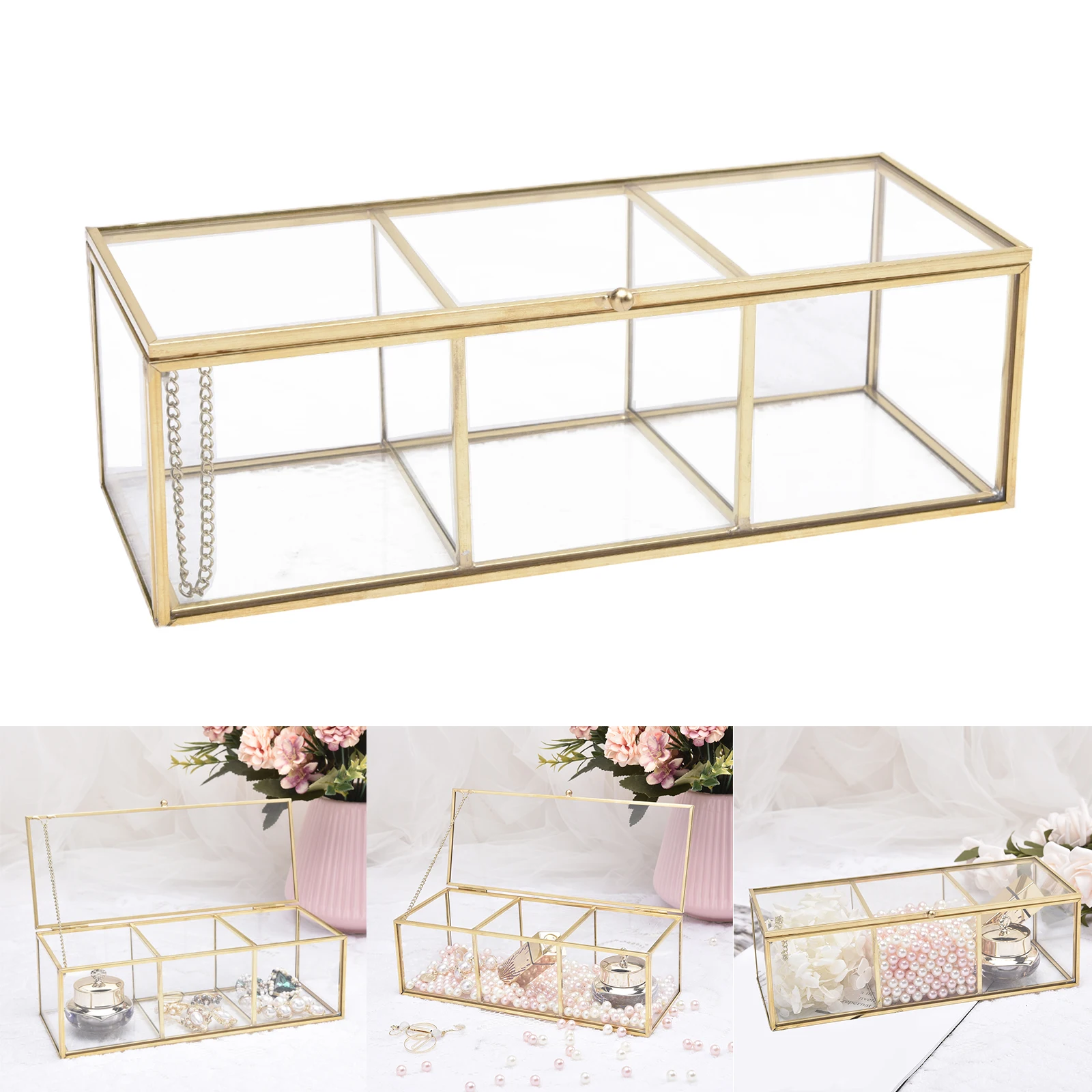 Clear Glass Makeup Organizer Tray, 3 Spaces Cosmetic Display Case Storage Box for Lipstick,Makeup Brushes and Skin Care Bottles