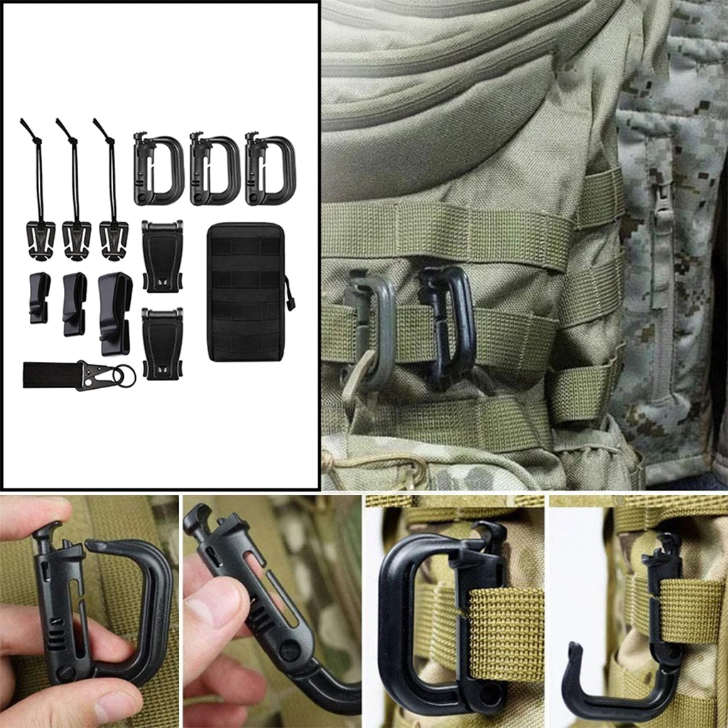 Molle Accessories Kit of 13 Molle Attachments for Tactical Belt Webbing Key Ring D-Ring Clip