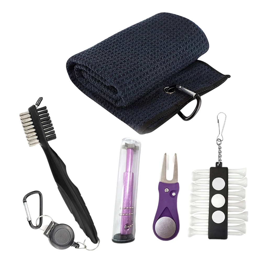 Golf Club Cleaning Kit Golf Towel Cleaner Brush Divot Tool for Golf Sport Foldable Tool Ball Marker Bag Accessories