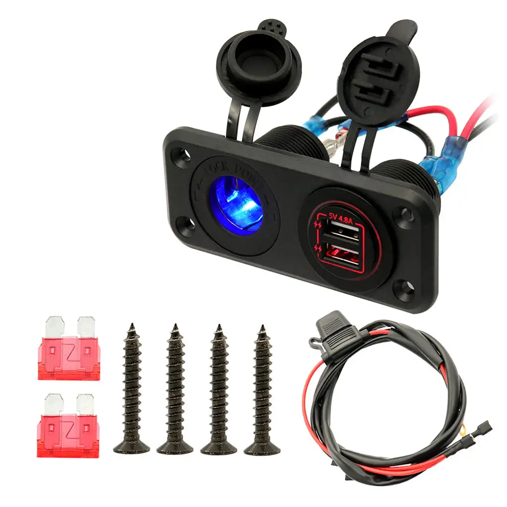 Car Motorcycle 12V-24V USB Charger Socket Panel for Boat / Marine / Mobile Phones, Red LED Lights