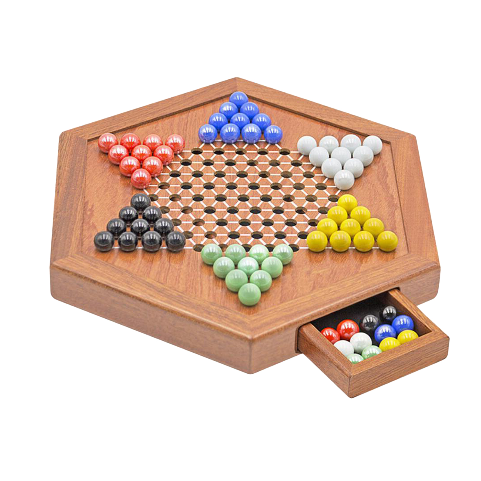 Wooden Chinese Checkers 12 Inches Board Game 6 Color Glass Marbles Family Fun Game Toy Set