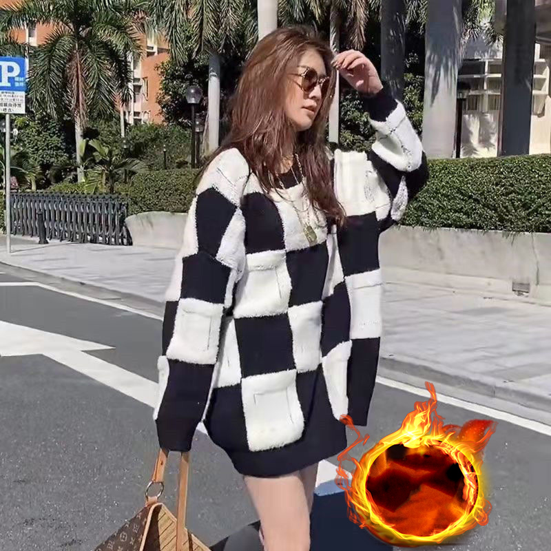 venda quente pullovers feminino xadrez tricô blusas panelled clássico harajuku retro chique feminino streetwear outono mais grosso bf