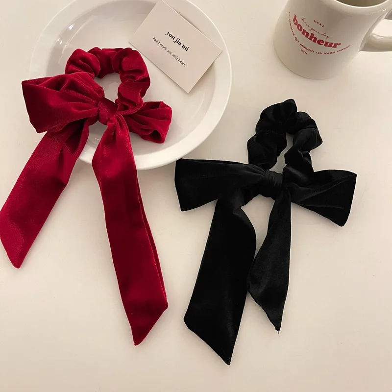 Women's Hair Accessories Retro French Velvet Bowknot Hair Scrunchies Streamer Bows Long Elastic Hair Bands Women Pontail Holder Elegant Ties Headwear bow hair clip