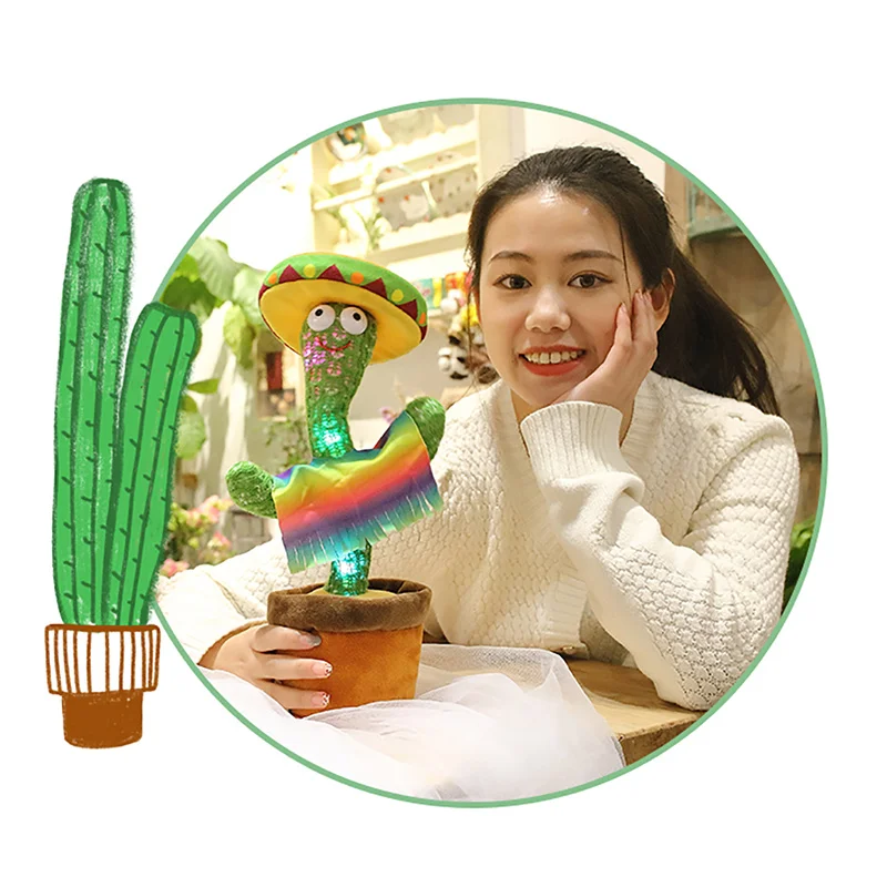 Dancing Cactus with Dynamic Music for 3 English Songs, Funny Childhood Education PP Cotton Filling Plush Toy with Hat cloak pink mp3 player