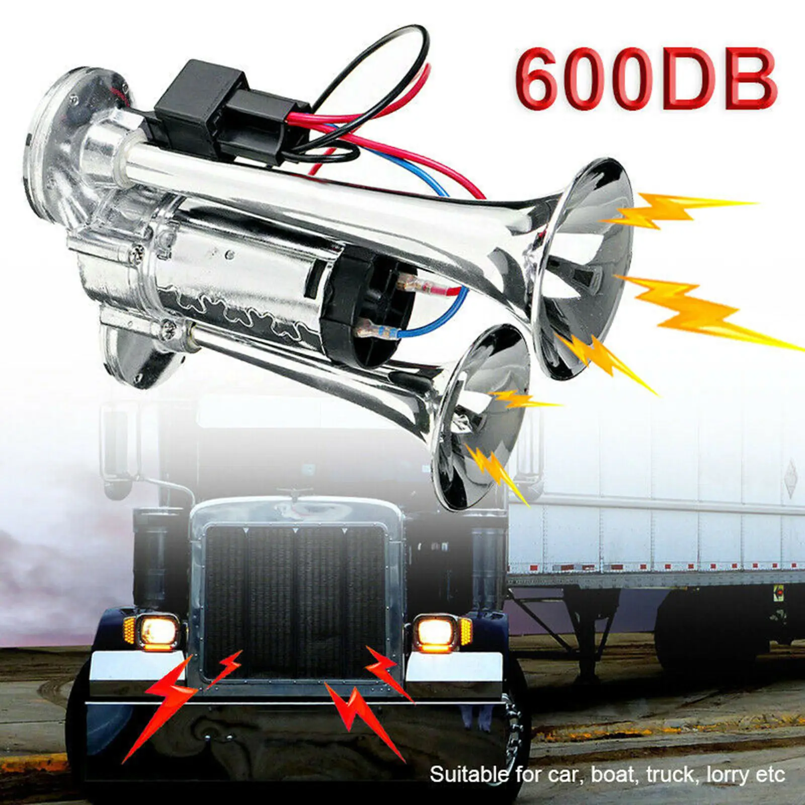 600DB 12V Dual Trumpet Super Loud Car Air Horn Speaker with Compressor Set, Easy to Install