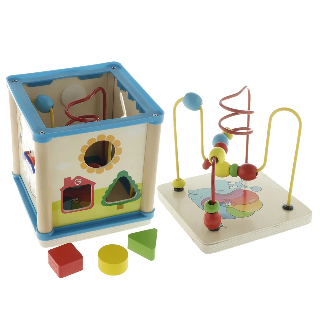 Wooden 5-Sided Activity Center with Bead Maze, Shape Sorter, Counting Beads & Gears Clock  for 1 Year + Baby Toddler Boys Girls