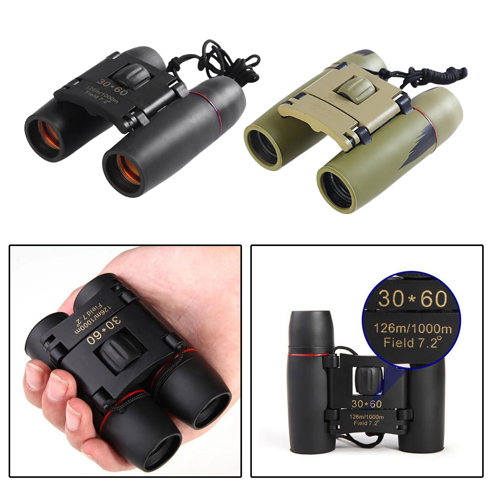 Small Folding Binoculars Mini Binoculars 30X60 HD Wide Angle Portable Low Light Level Night Vision Pocket Binoculars 