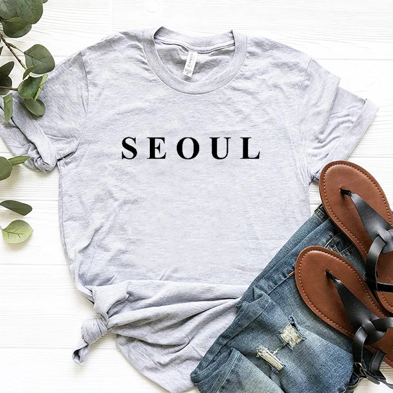 Seoul letras impressas camisetas femininas estilo coreano