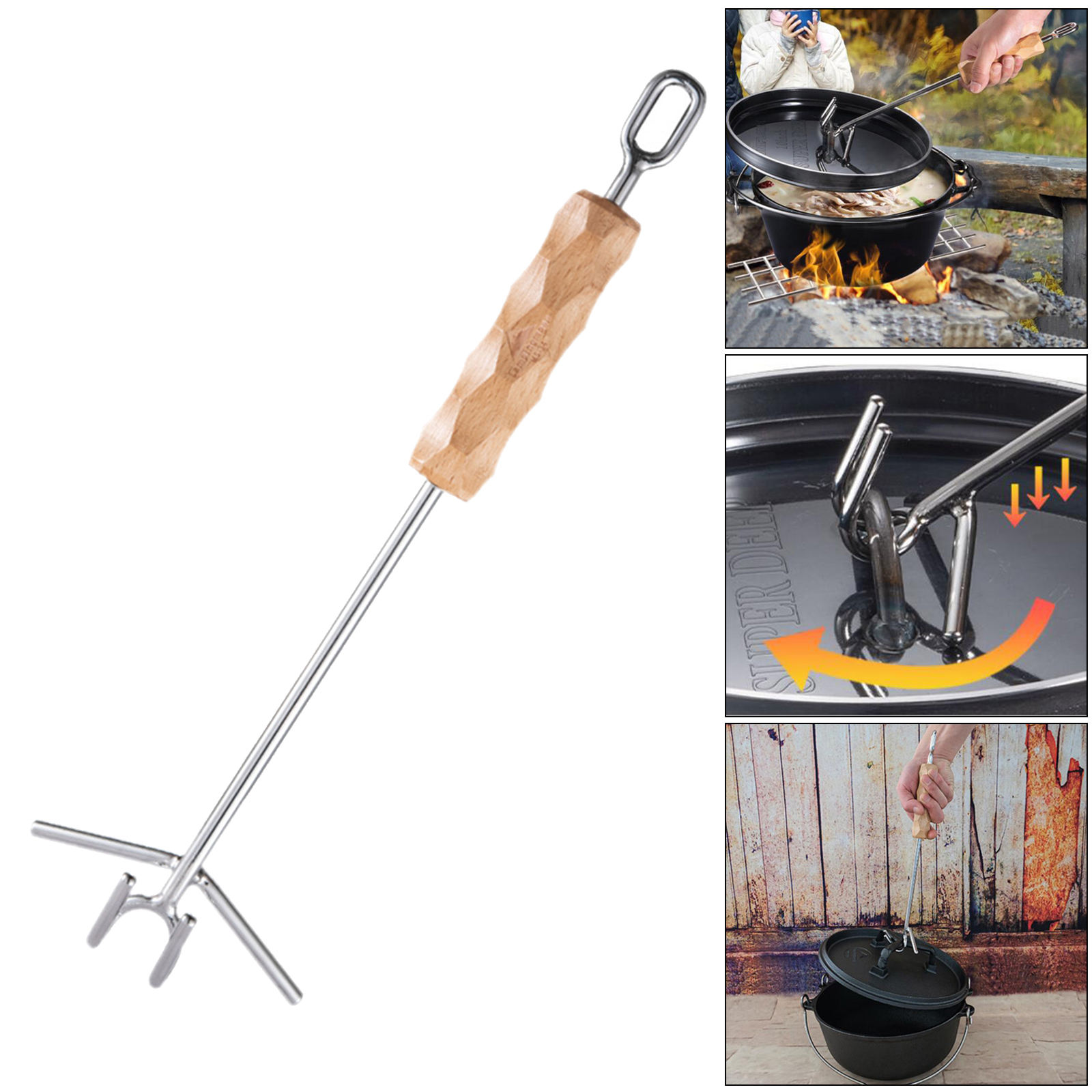 Camp Dutch Oven Lid Lifter Wooden Handle Lifting Carrying Dutch Ovens 14inch