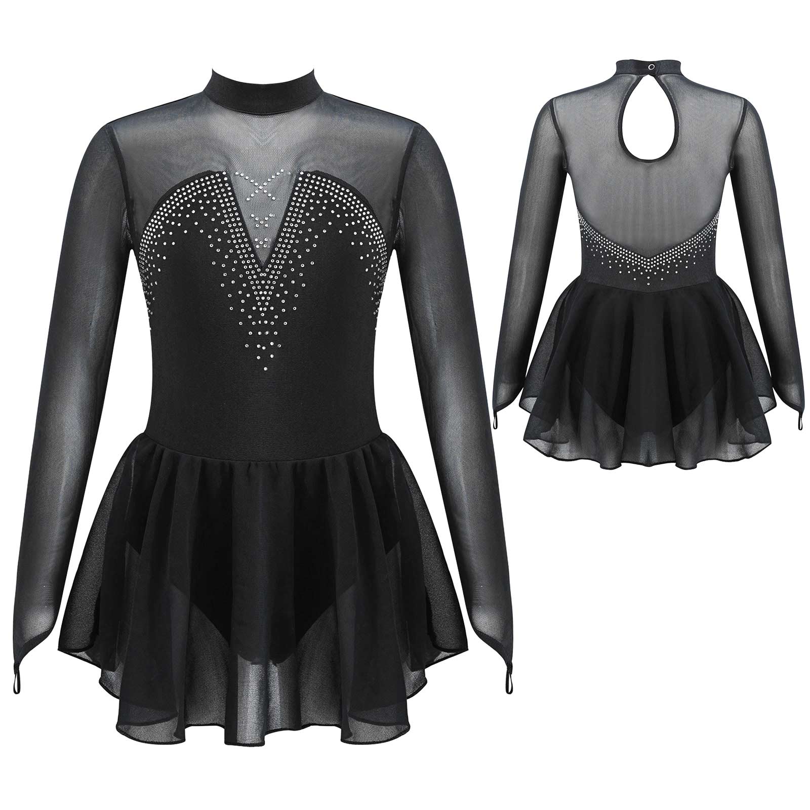 Kinder Mädchen Eiskunstlauf Kleid Moderne Lyrical Dance Ballett Gymnastik Kostüm Langarm Sheer Mesh Strass Trikot Tutu – Detail 5