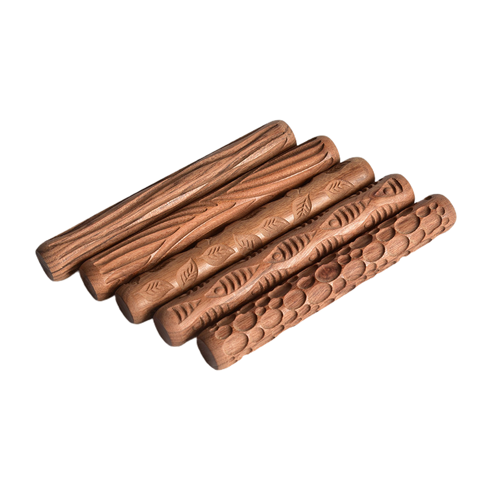 5pcs Clay Modeling Pattern Rollers Kit Pottery Wooden Handle Tools Set with Fish, Patterns, Leaves, Cobblestone, Weave Sticks