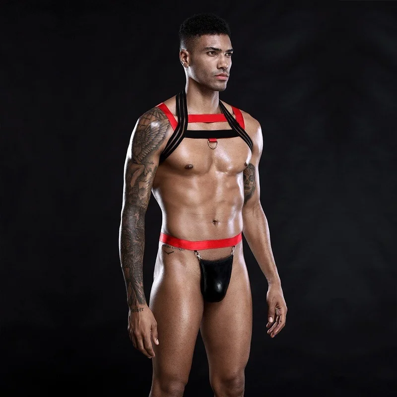 NEW Mens Role Play Sexy Bandage Uniform Lingerie Set Cosplay Gay Bar Pole Dance Costume Outfit v string pants