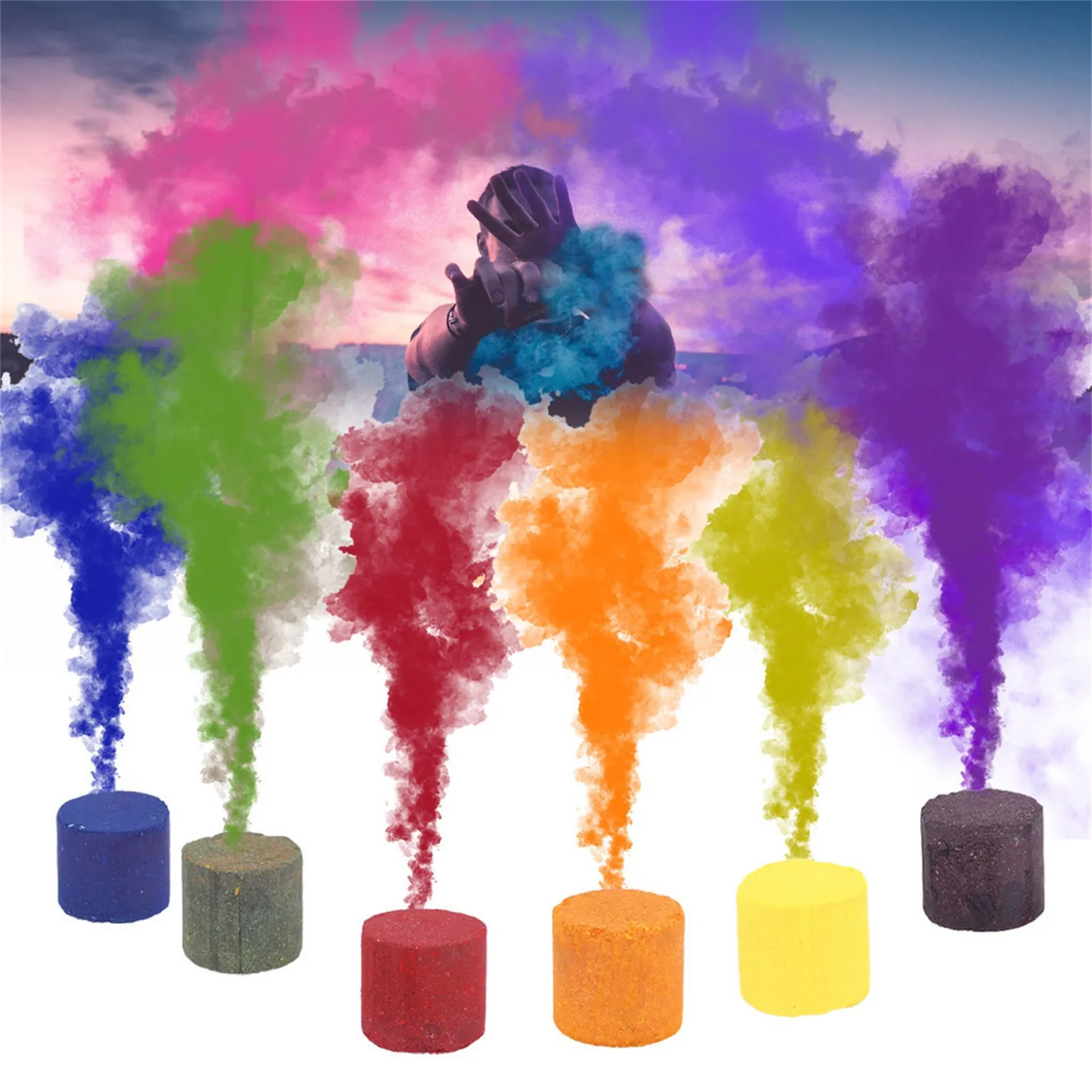 6PC/Red+Yellow+Blue+Green+Orange+Purple 6PC Colorful Smoke Cake Smoke Effect for Photography Halloween Christmas Party Stage Show Studio Photo Props Magic Fog 