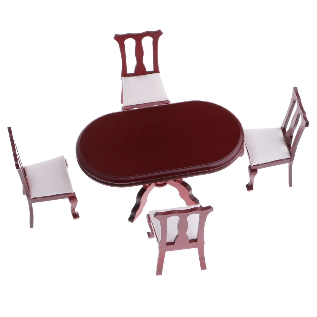 5pcs 112 Dollhouse Miniature Rosewood Dining Table Chair Wooden Furniture Set, Dolls House Living Room Decor