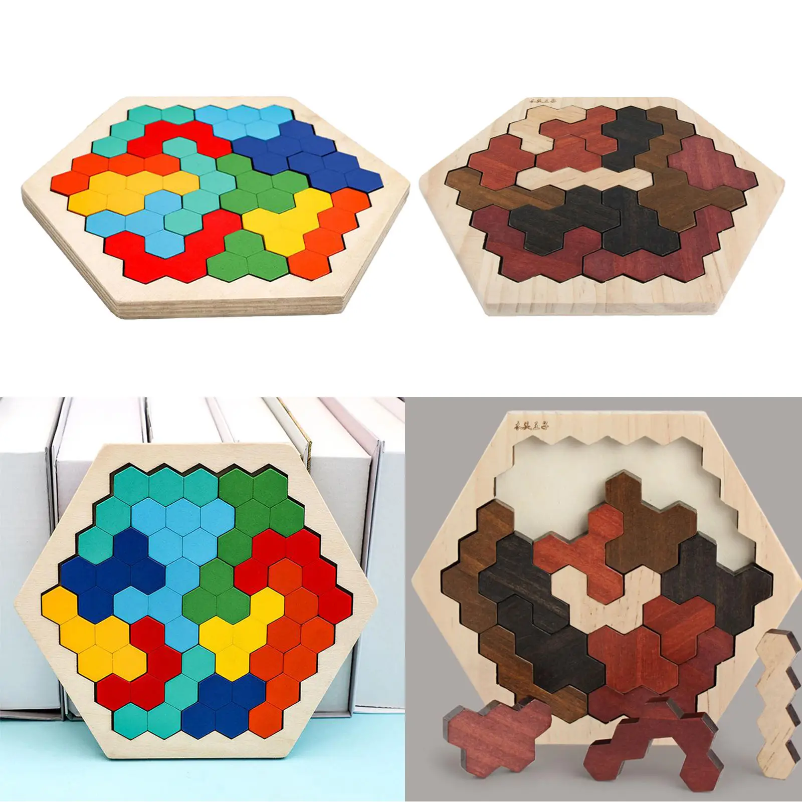 Wood Hexagon Tangram Puzzle Classic Handmade 3D Challenging Puzzles Brain Teasers Games Portable Play Educational Toys Gift