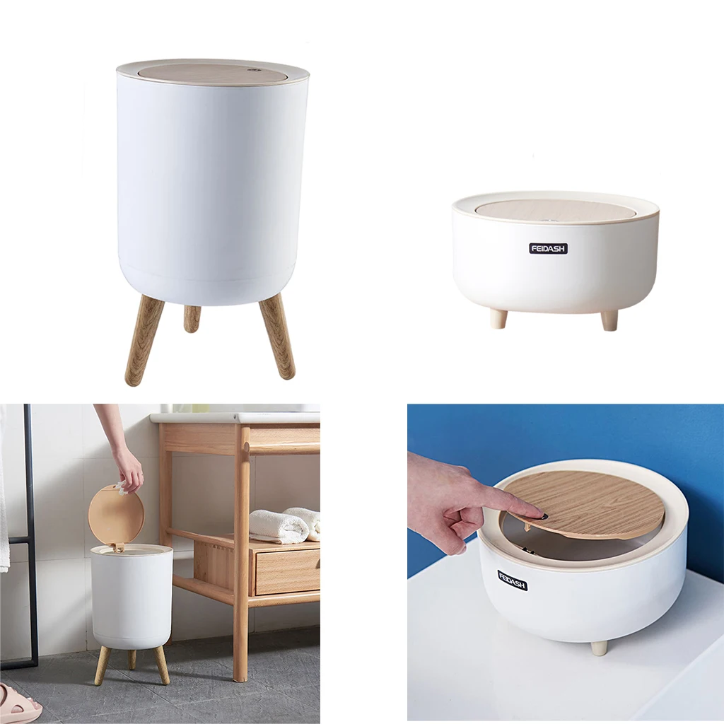 Nordic Style Garbage Container Trash Can Press Lid Bathroom Powder Room Bedroom Toilet Office Countertop Imitation Wood Grain