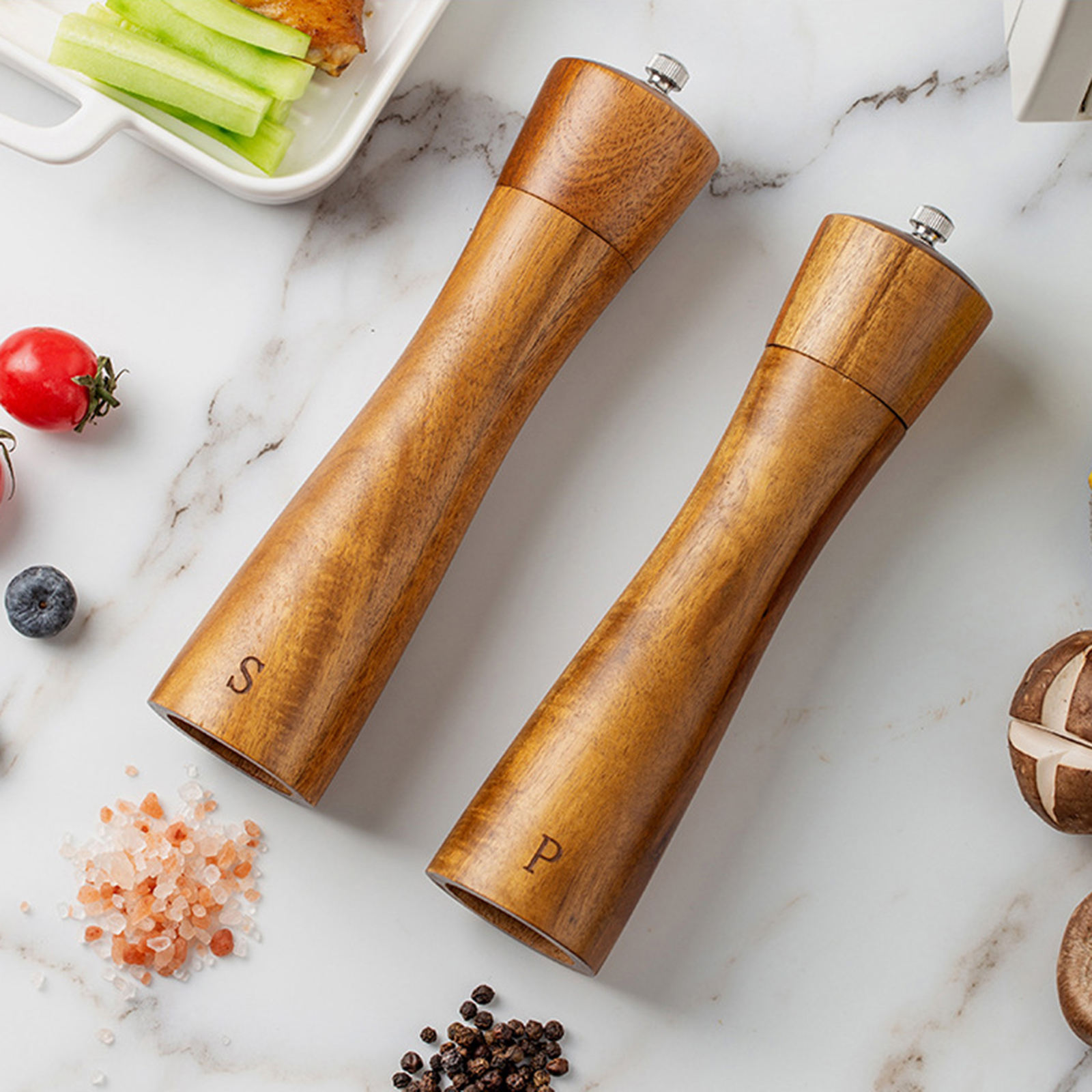 Wood Salt and Pepper Grinder Set Mill Wooden Salt Grinder Refillable with Adjustable Coarseness Fine to Coarse