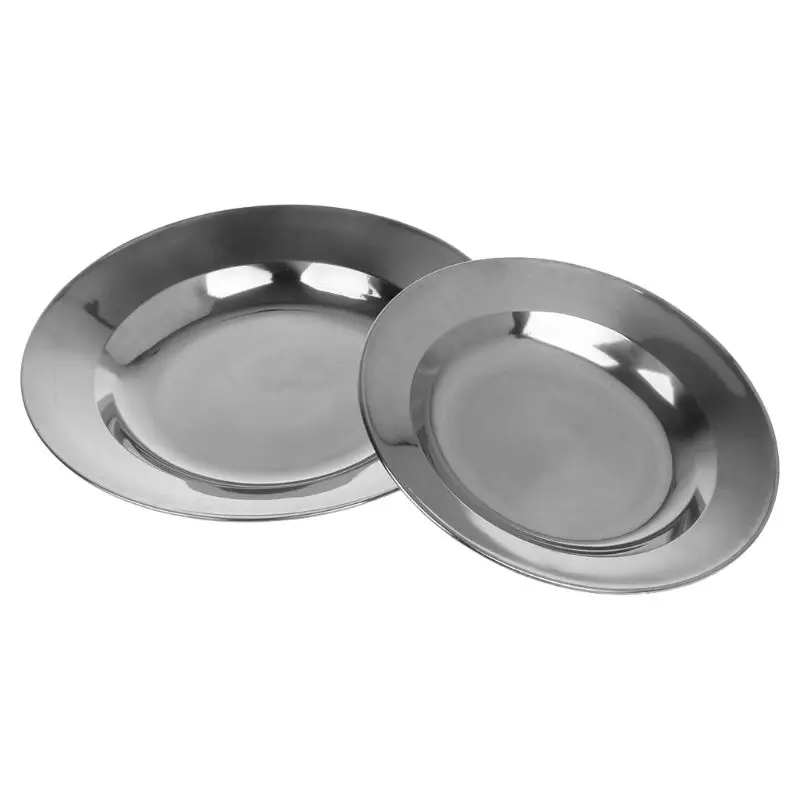 Round Stainless Steel Dinner Plate Dish Outdoor Camping Picnic Tableware 16-24CM 