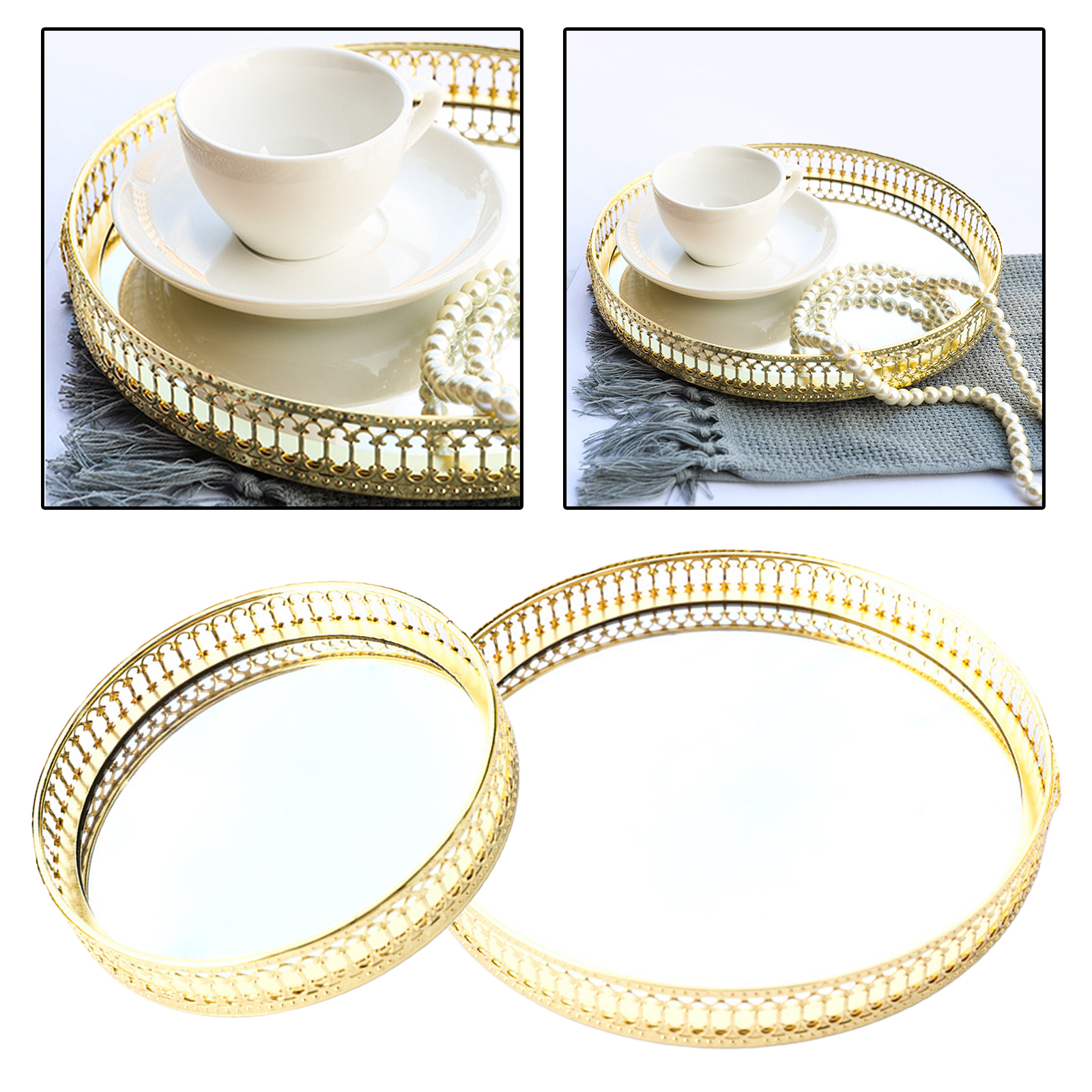 Golden Color Delicate Jewelry Storage Tray Glass Mirror Base Bedroom Dresser Table Cosmetic Decorative Organize Plate Tray