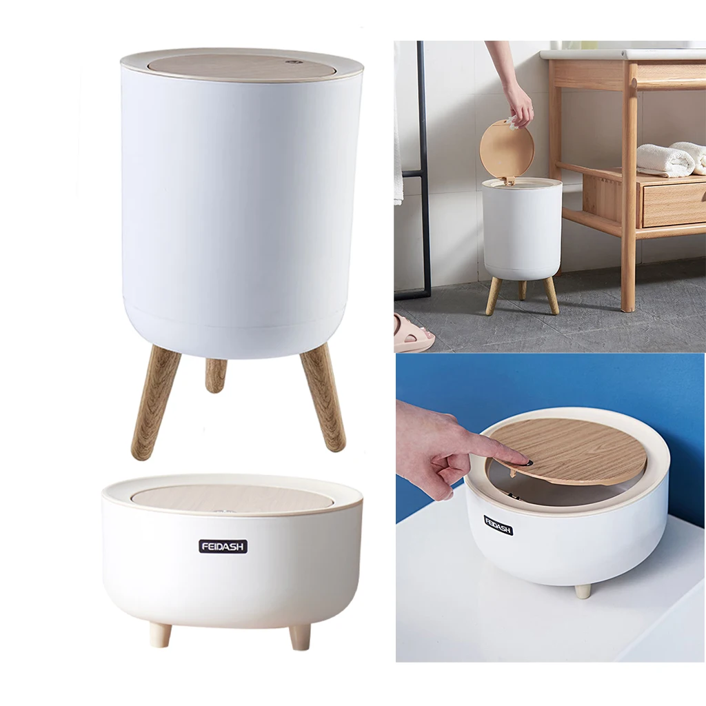 Nordic Style Garbage Container Trash Can Press Lid Bathroom Powder Room Bedroom Toilet Office Countertop Imitation Wood Grain