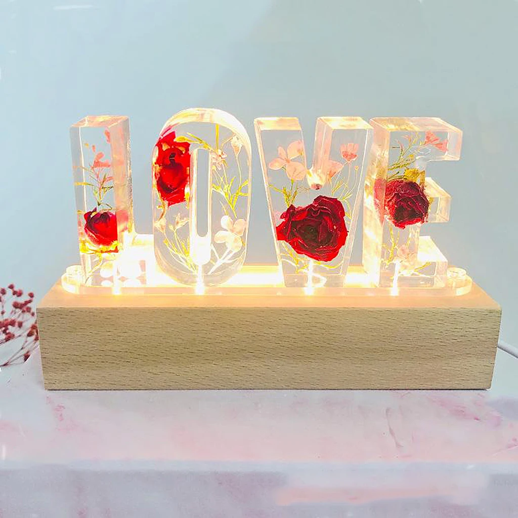 Dried Flower Letter Night Light LED Epoxy Resin Dried Flower Embossed Night Light Valentine`s Day Anniversary Gift Light