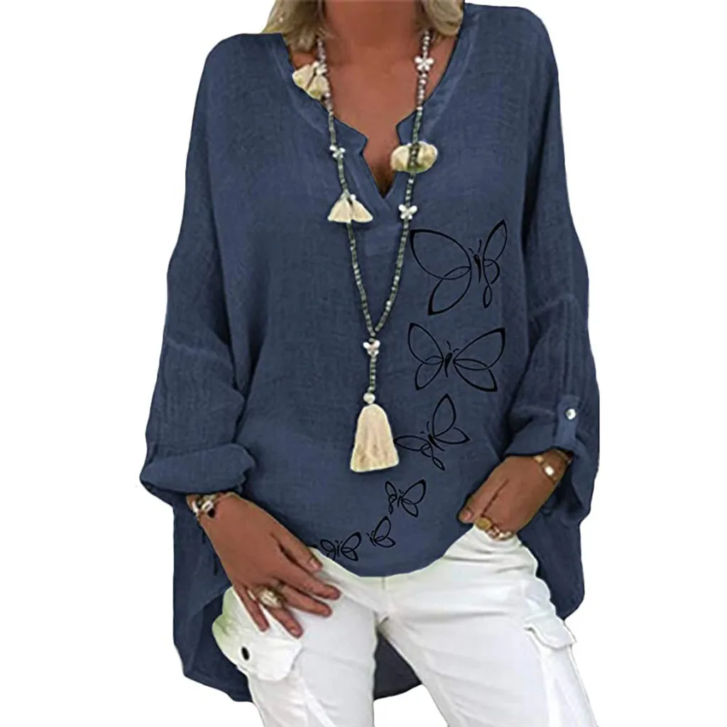 40# Vintage Cotton Linen Blouses Women Elegant Casual Floral Print Plus Size Shirt Long Sleeve V-neck Top Blusas Mujer De Moda satin blouse