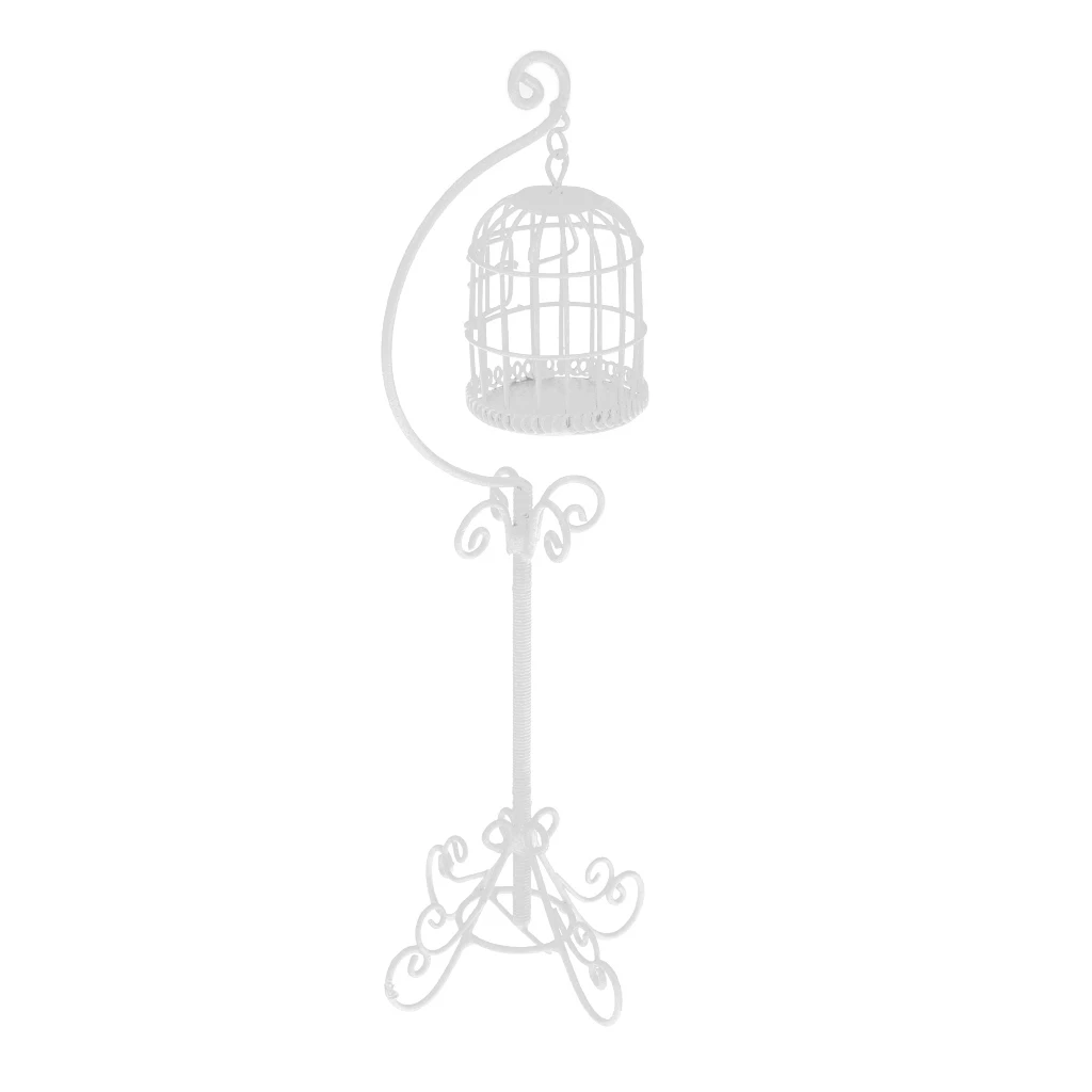   1  :  12     Scale     Dollhouse     Miniature     Metal     Bird     Cage     with     Stand     Garden       White  