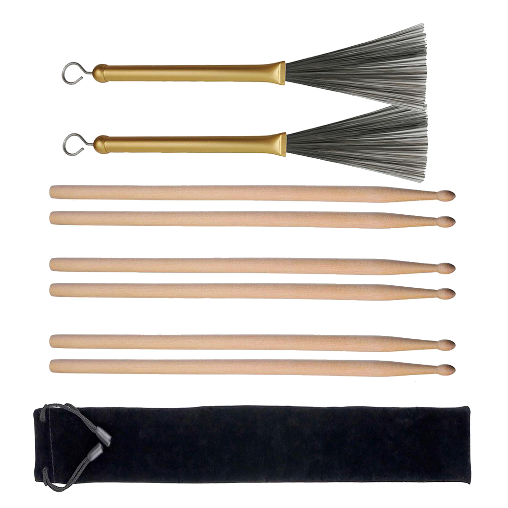 6pcs Wood Drum Sticks 5A Hard 2pcs Drum Wire Brushes Aluminum W/ Storage Bag