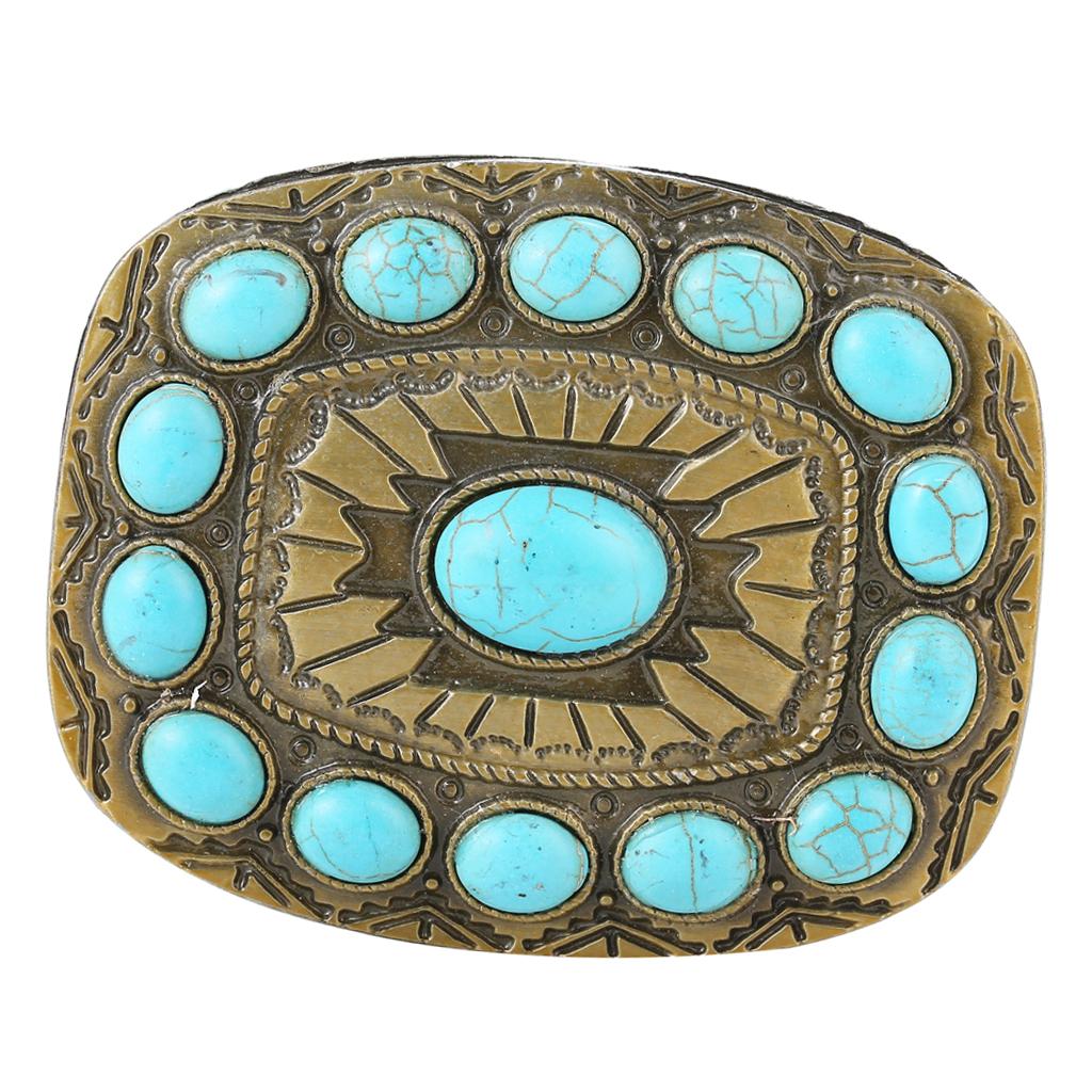 Rodeo Turquoise Bead Belt Buckle Boho Engraved Indian Bronze  Buckles