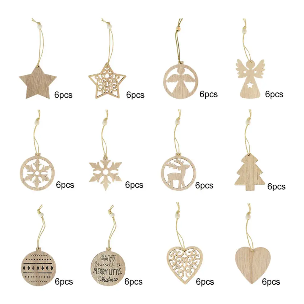 12x Pendant Wooden Shapes Christmas Wood Ornaments,Hanging Embellishments Crafts for Christmas, Wedding, Hanging Decor