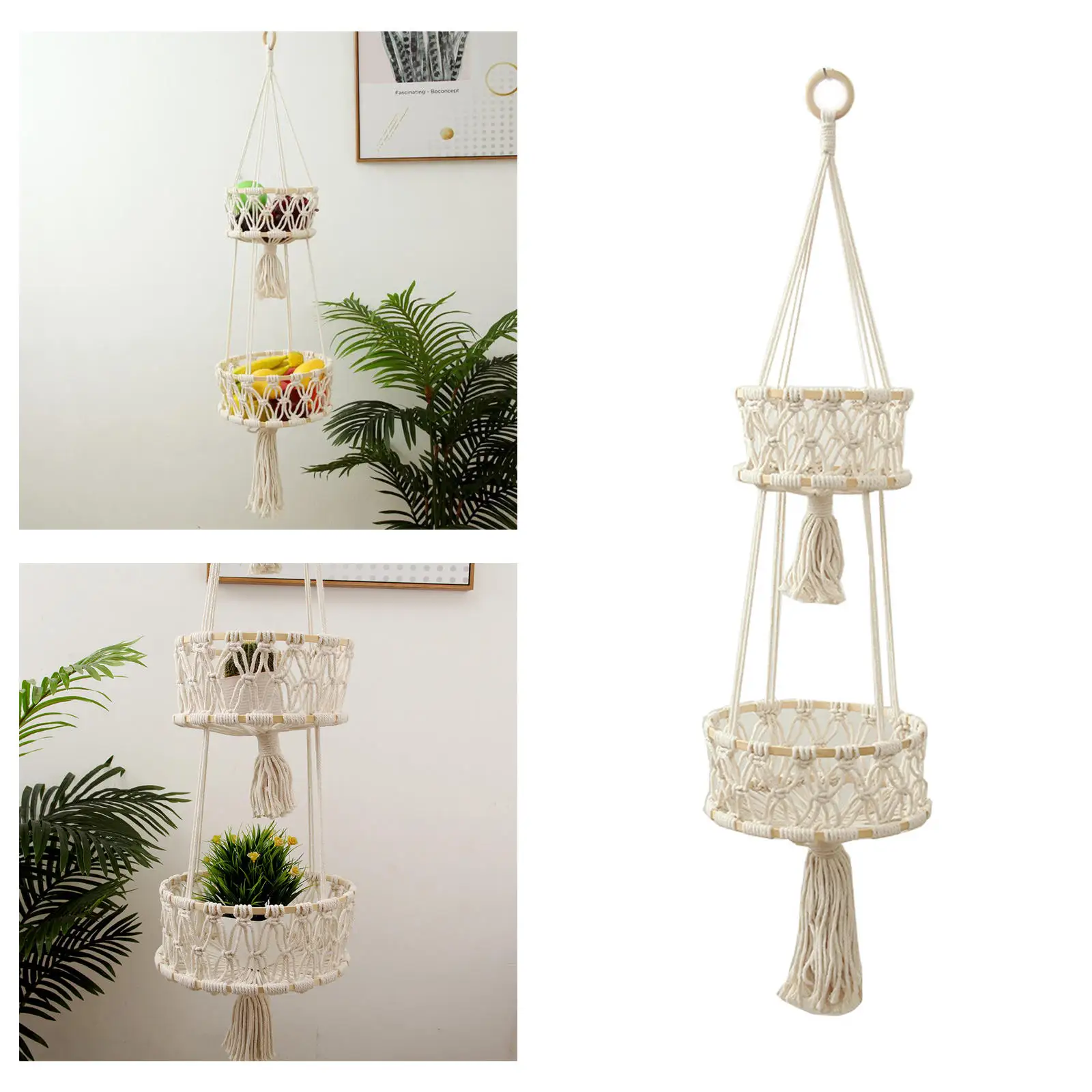 Space Saving Macrame Hanging Basket Decorative Plant Hanger for Indoor Fruit and Vegetable Storage