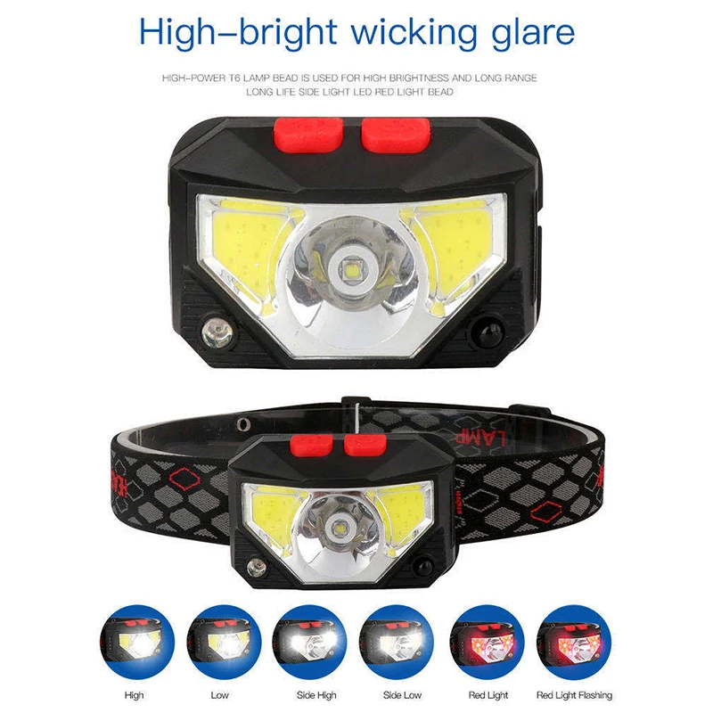 6 Modes Rechargeable LED Headlamp Safety Ultra Lightweight LED Head Torch Flashlight Worklight with Adjustable Strap