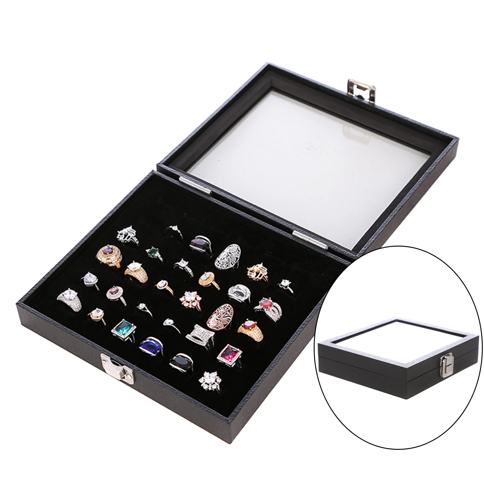 36 Slot Black Rings Display Box Jewelry Storage Case Holder Showcase Rings Cufflink Jewelry Tray With Lid