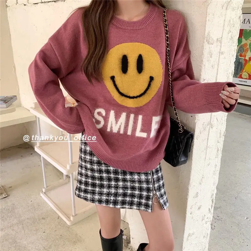 Smiling face lazy pullover sweater y2k women's autumn and winter  fashion age reduction round neck bottoming sweater 2021 turtleneck sweater
