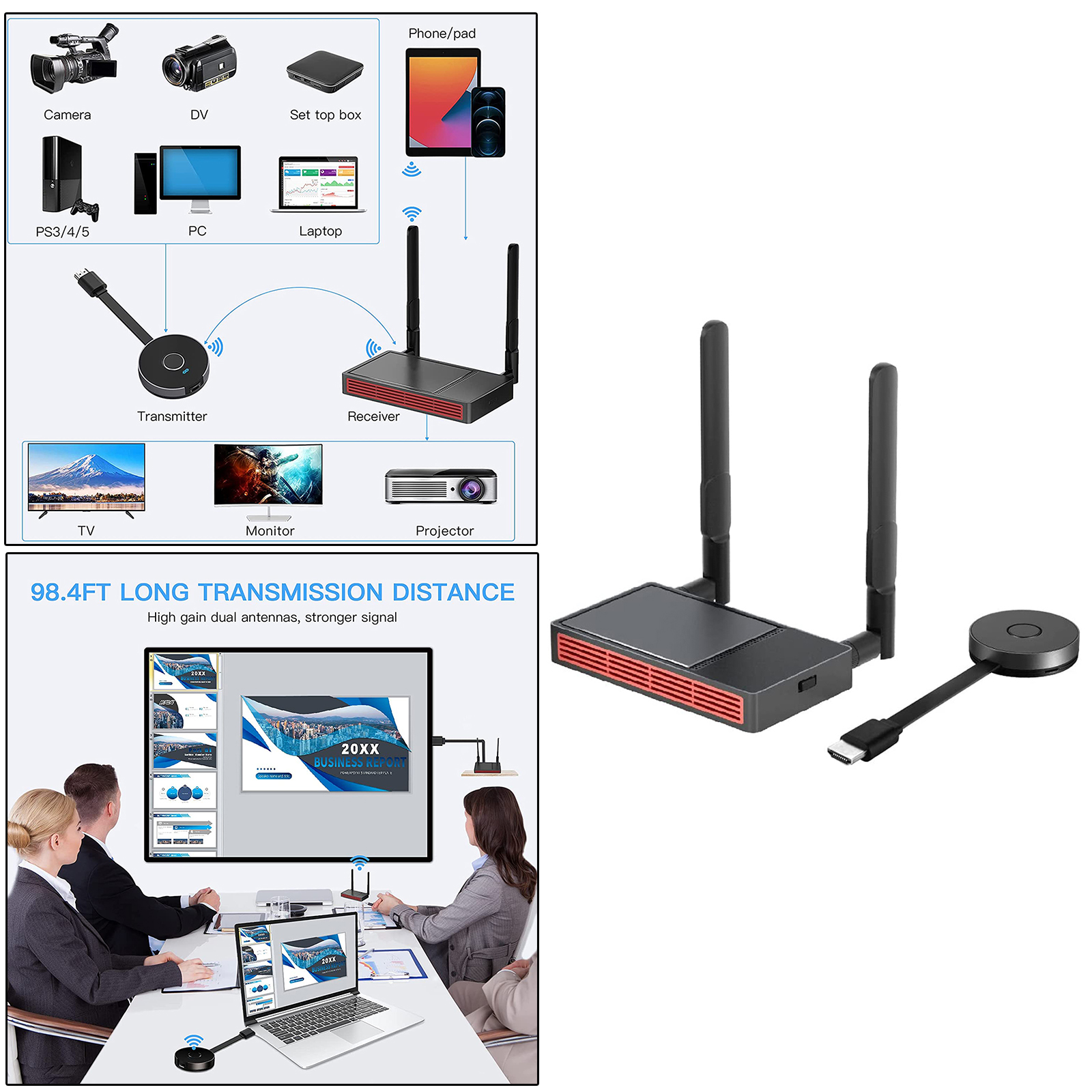 Wireless  Transmitter w/Receiver Wireless Display Dongle Mirroring Screen Plug and Play for Laptops PC Phone