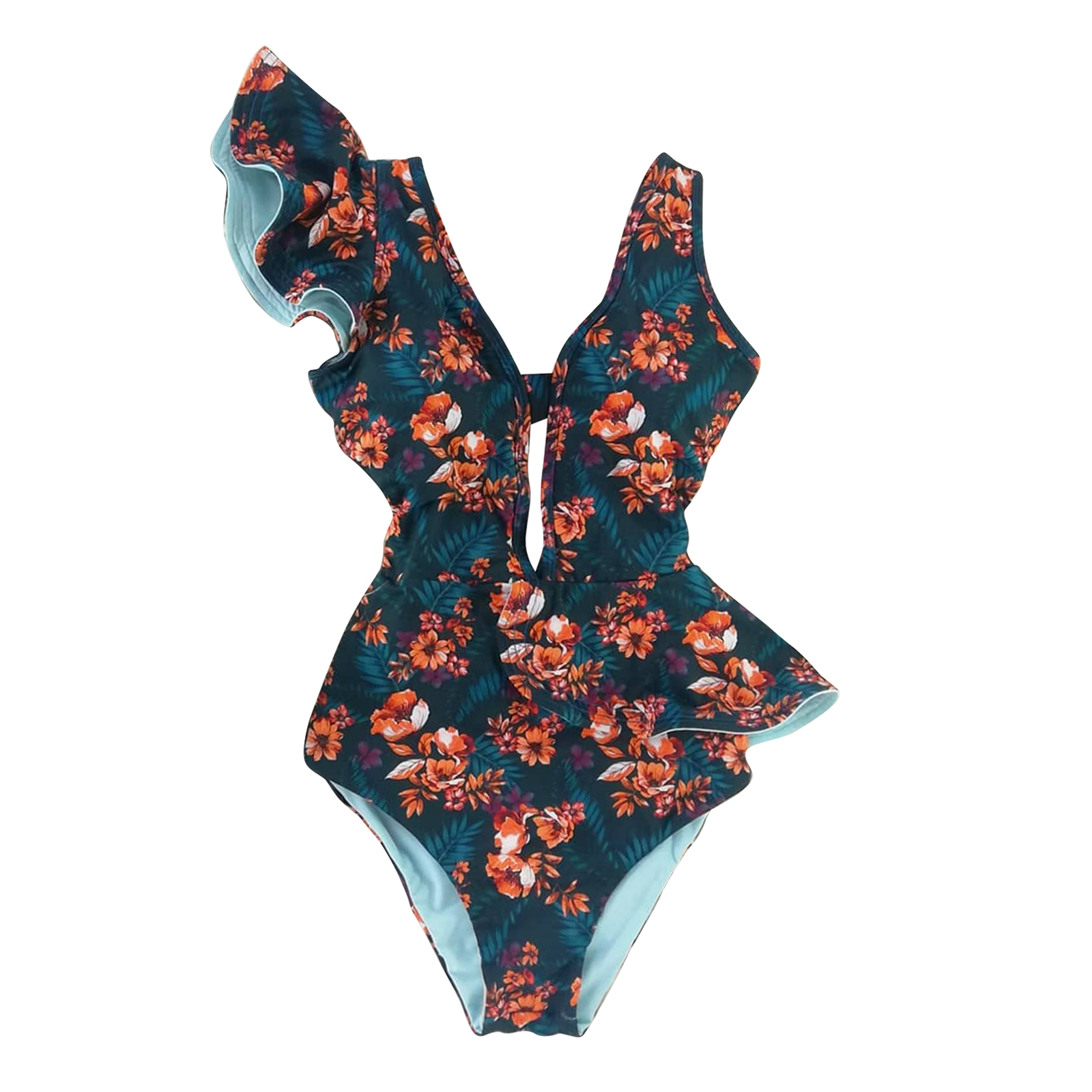 Sexy Ruffle Print Floral One Piece Swimsuit Swimwear Bikini Women Solid V Neck Beachwear Bathing Suit Monkini Off The Shoulder