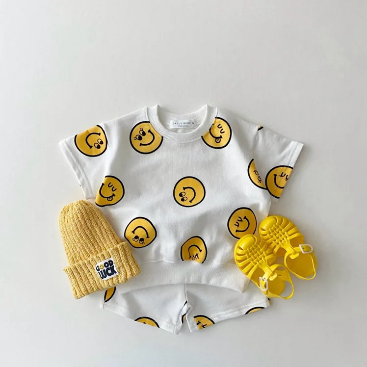 Baby Clothing Set medium Baby Sets New Boy Suit Korean Summer Children Clothes Infant Girl Cartoon Smiley Face Sleeveless Cotton Print Two-piece Outfits Baby Clothing Set
