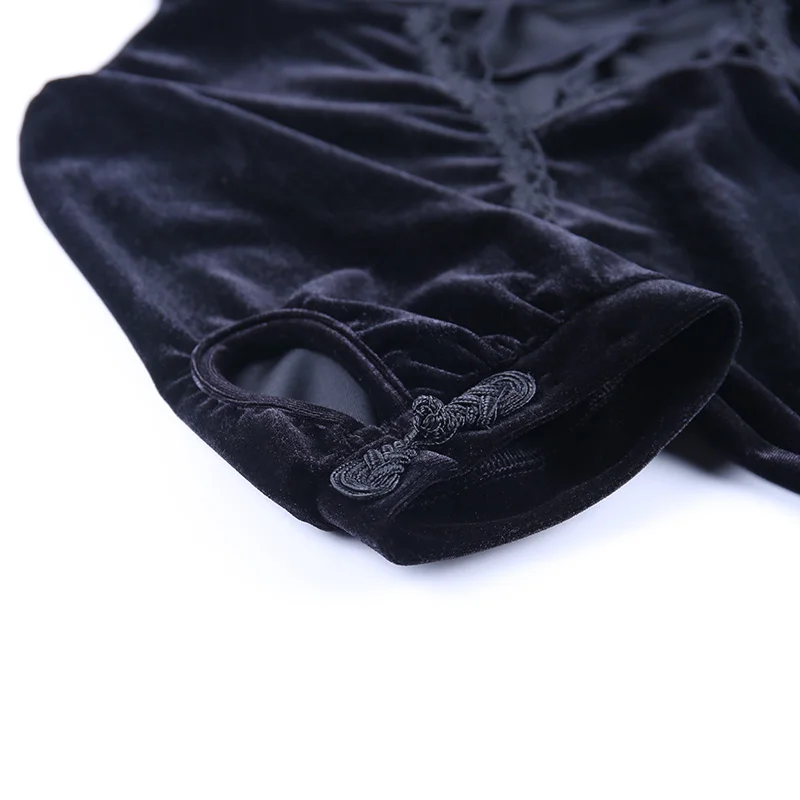 Elegant Lady Retro Black Velvet Mini Dress Sexy Hollow Out Bandage Puff Sleeve Slim Fit Dress Mall Grunge Gothic Streetwear