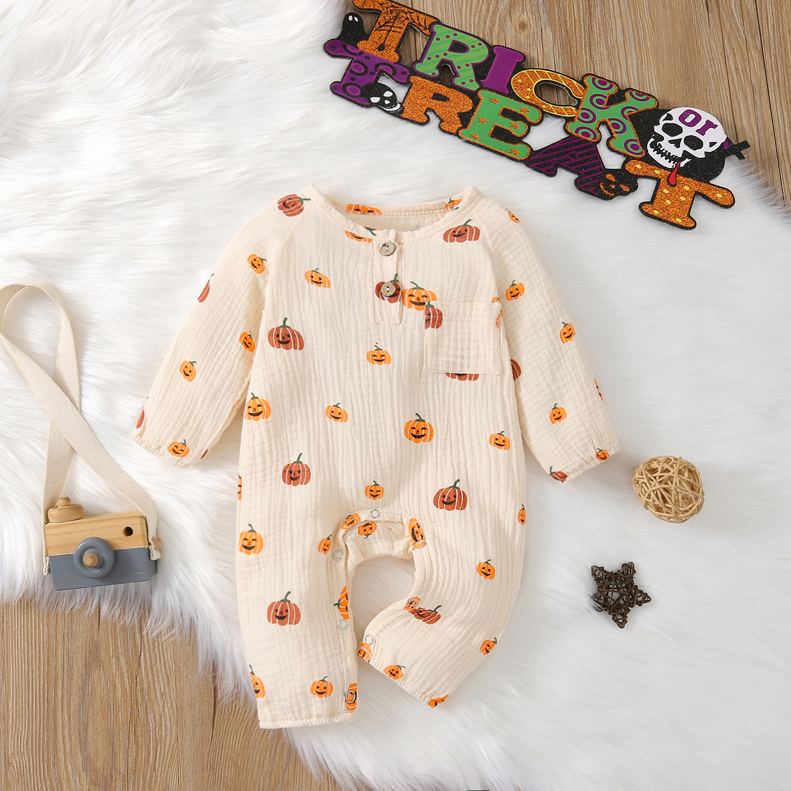 Infant Baby Halloween Overall, Kürbis Druck Oansatz Lange Hülsenspielanzug mit Tasten für Kleinkind Mädchen, Jungen, 0-18 monate – Detail 2