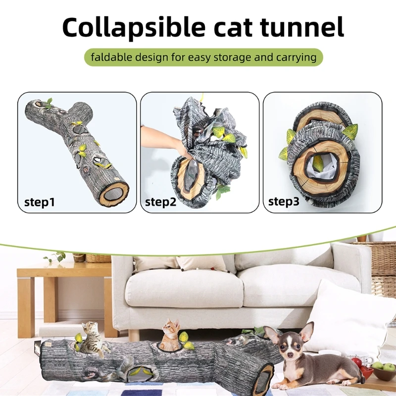Big Collapsible Cat Tunnel Cat Toys Play Tunnel Durable Polyester Tree Pattern Hideaway Crinkle Tunnel for Small Pet