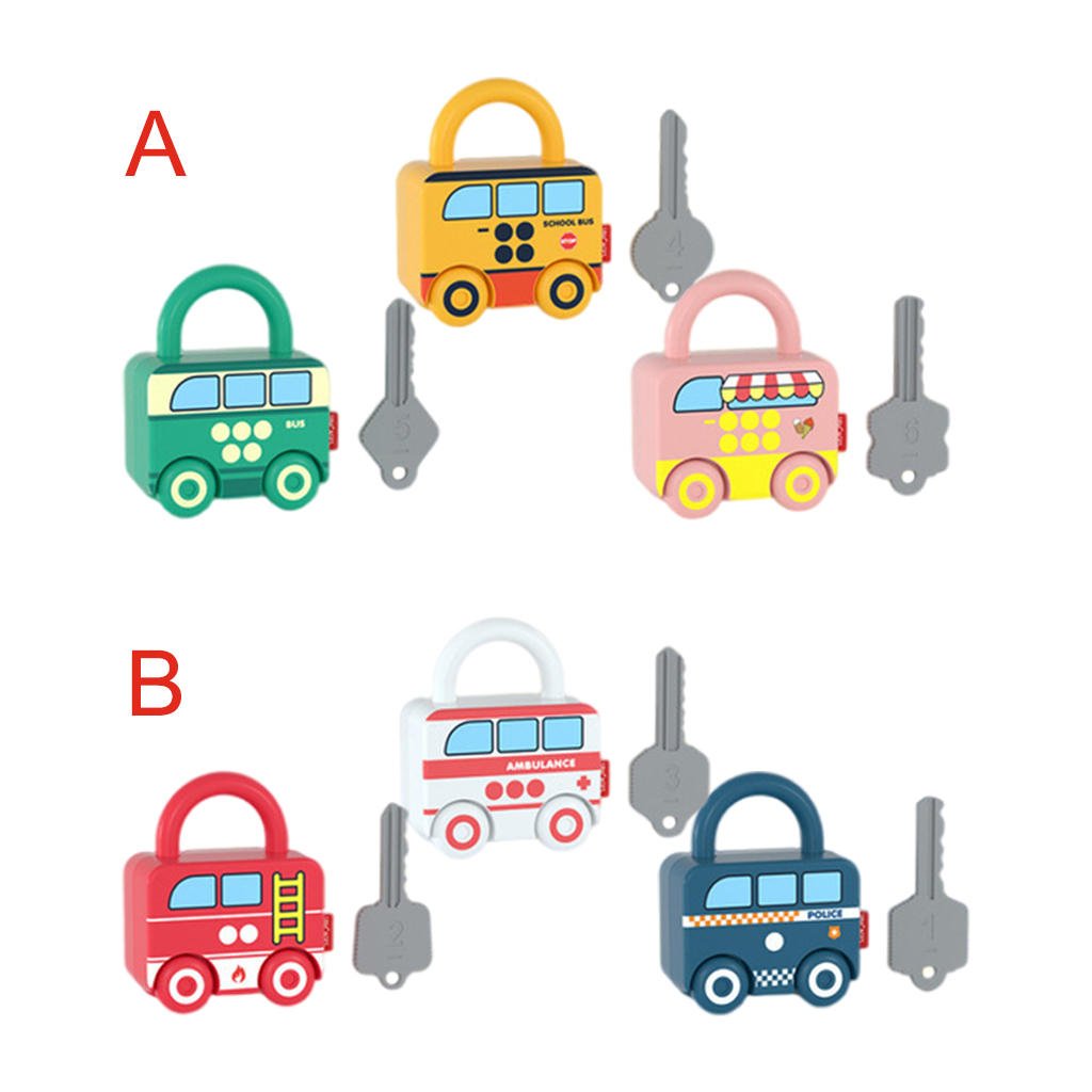 Cartoon Bus Unlocking Paired Toys, Digital Car Locks Keys Matching Educational Set for 4 to 6 Years Children Intelligence Kits