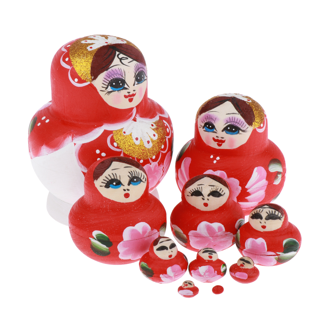 Lot of 10 Babushka Russian Stackable Wooden Dolls for Walnut - Red And