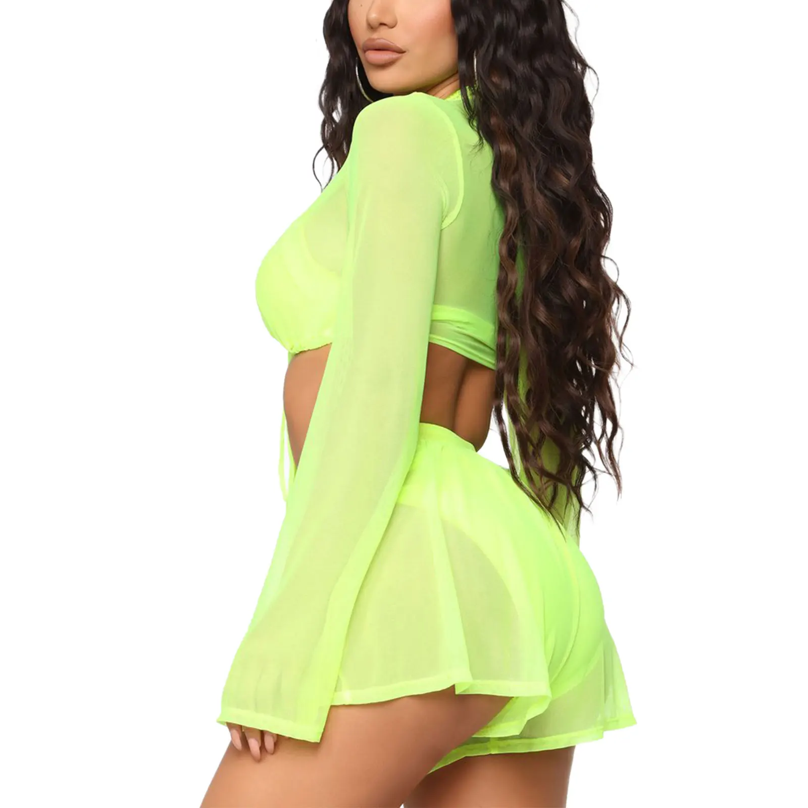 cover up beachwear 2Pcs Women Cover-Ups Swimwear Set Sexy Tulle Midriff-baring Lace-up Smock+Perspective Shorts (Not Include Underwear and Panties) bikini cover up skirt wrap