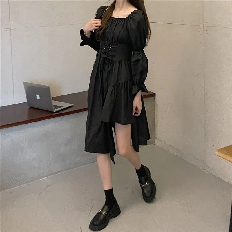 French Dresses Women Tender Dating Knee-length Long Sleeve Clothing Koeran Style Students Tender New Autumn Femme Square Collar slip dress