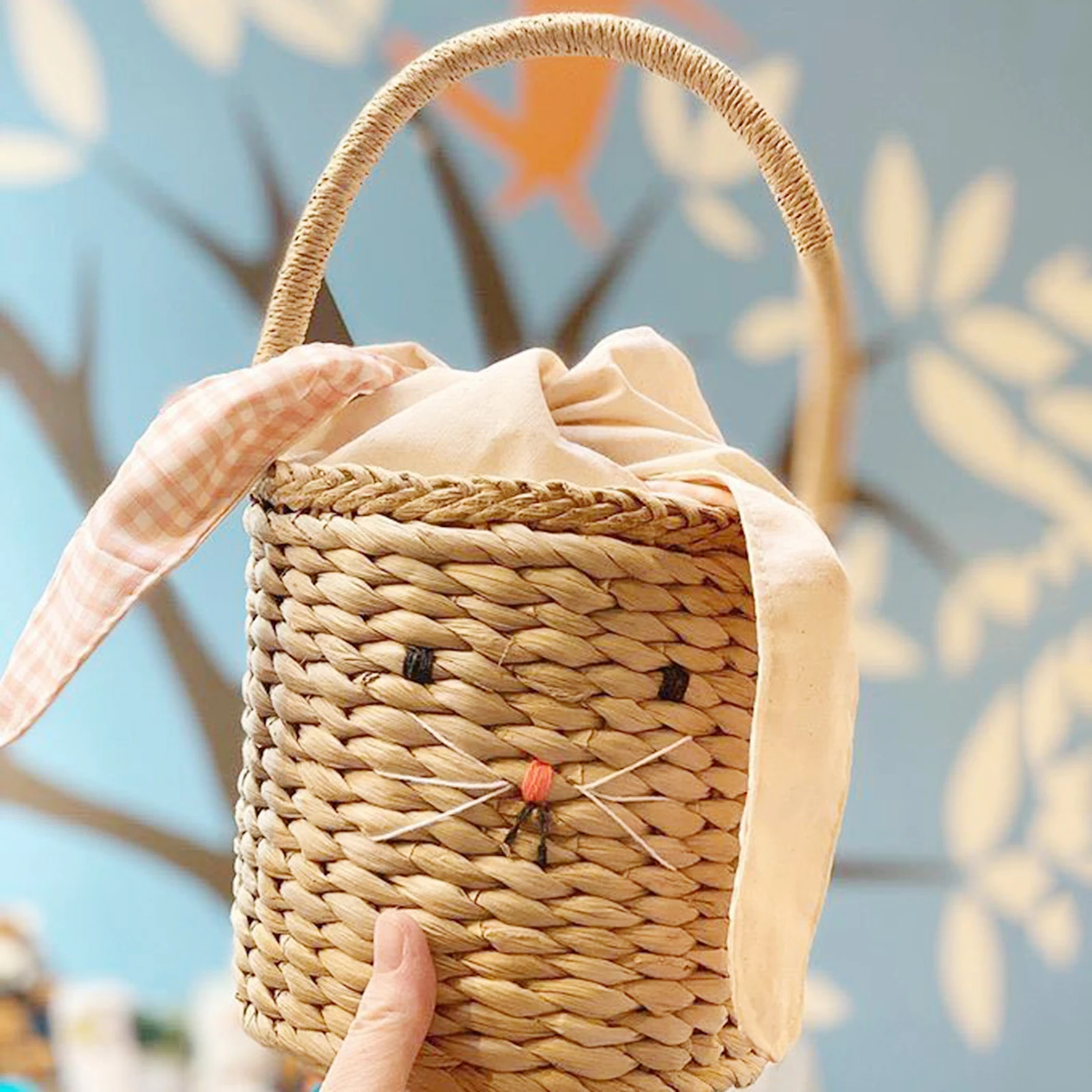 Women Girls Straw Bag Spring Summer Straw Purse Rabbit Ear Rattan Basket Large Woven Tote Handbag Photography props