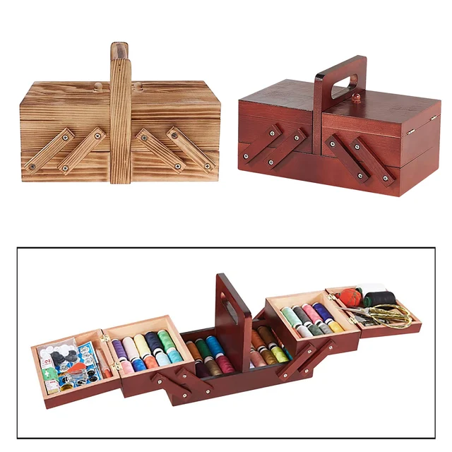  Milageto Organizador de caja de costura de madera premium,  agujas, hilo, tijeras, kit de costura grande, compartimentos, cesta de  coser para el hogar, accesorio para el hogar, color natural : Arte